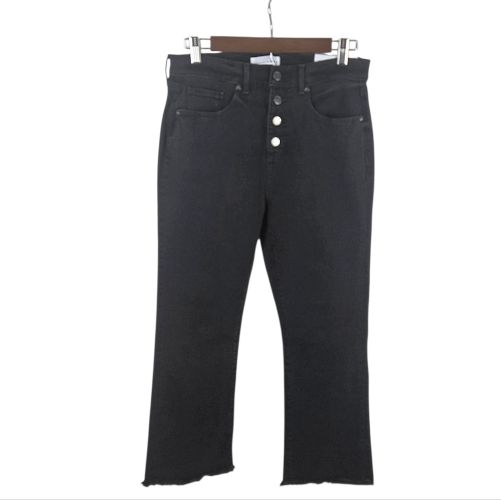 LOFT Black Flare Crop Button Fly Frayed Hem Slim Pocket Jeans
